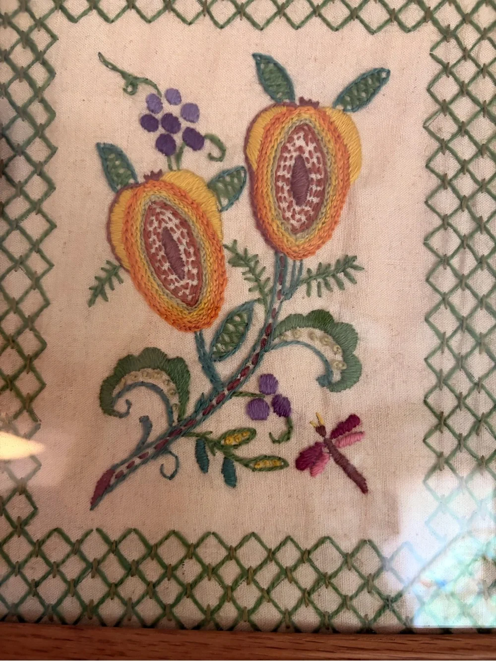 Handcrafted Floral Needlepoint Wall Art Pair - Oak Frames, Green and Pink